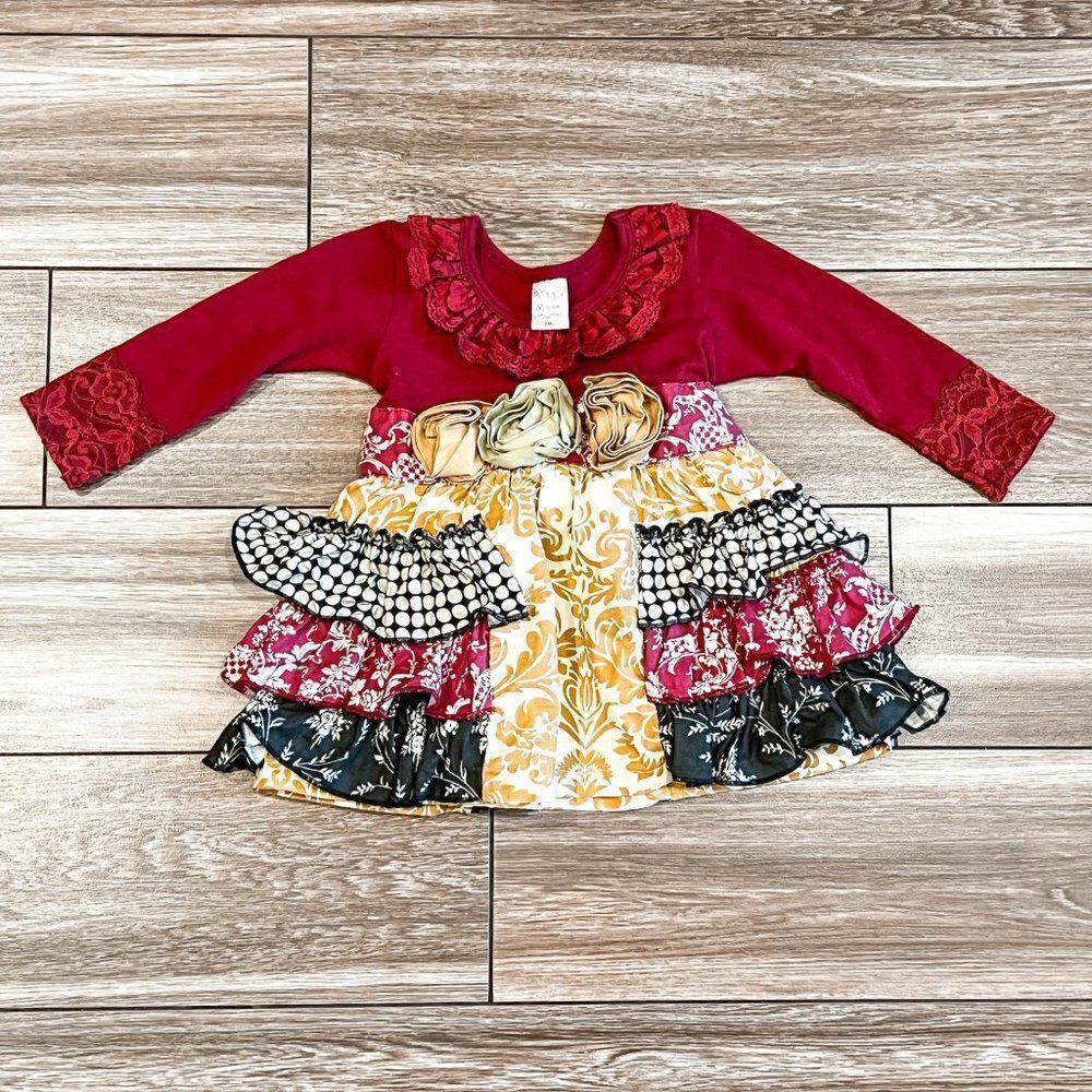 Giggle Moon Long Sleeve Burgundy and Gold Dress, Size 9M